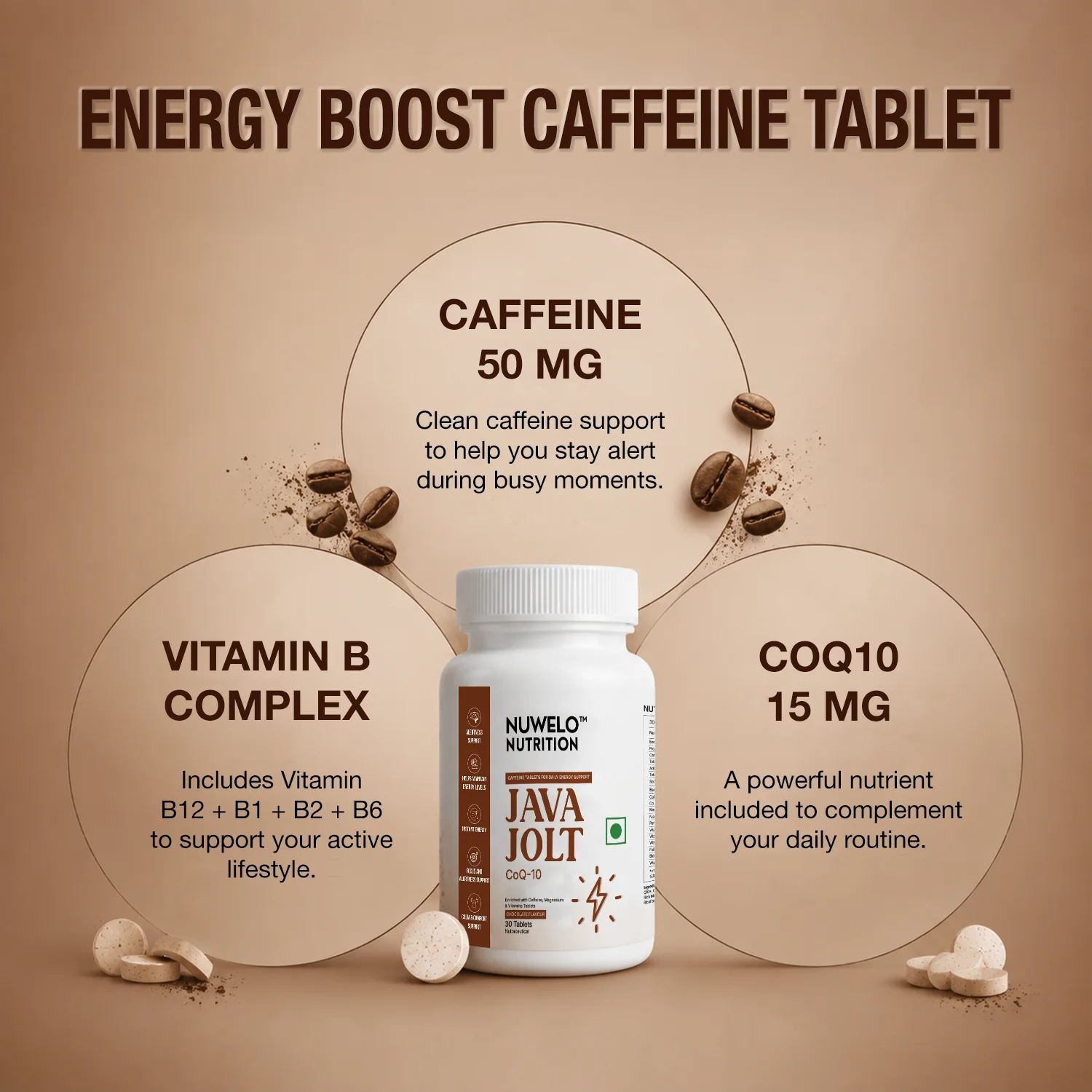Nuwelo Java Jolt bottle showing 50 mg caffeine, vitamin B complex and 15 mg CoQ10