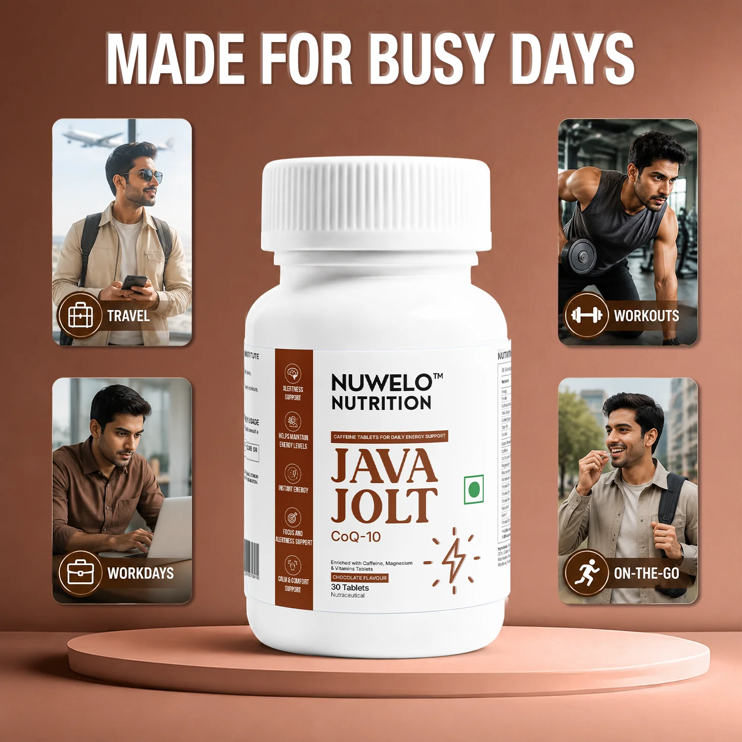 Java Jolt shown with travel, workday, workout and on-the-go scenes
